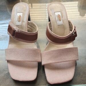 Talbots Italian Leather Fabric Block Heel Slide Sandals Tan Brown Women 9.5M